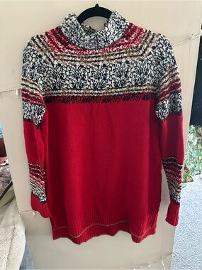 Anthropologie Red Multi-Pattern Cowl Neck Sweater
